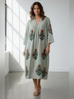 Striped Green Floral Caftan Dress- Boho